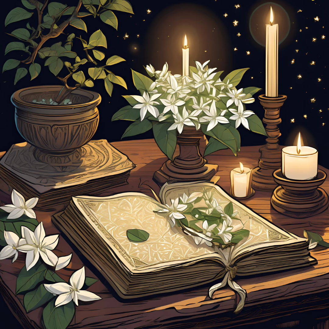 Jasmine flowers used in witchcraft for love, divination, and lunar magic spells