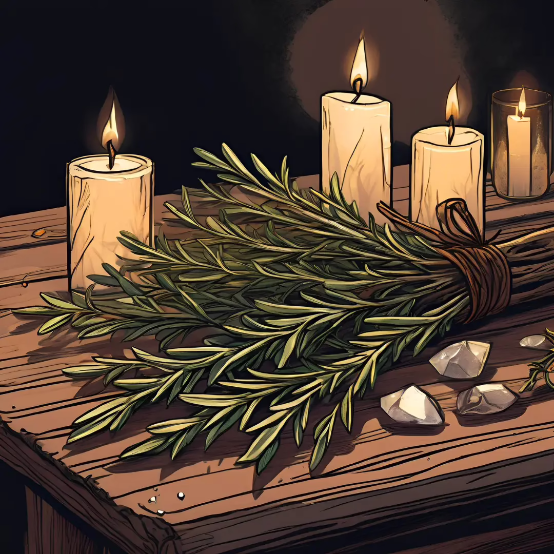 Rosemary sprigs used in witchcraft for protection, cleansing, and memory spells