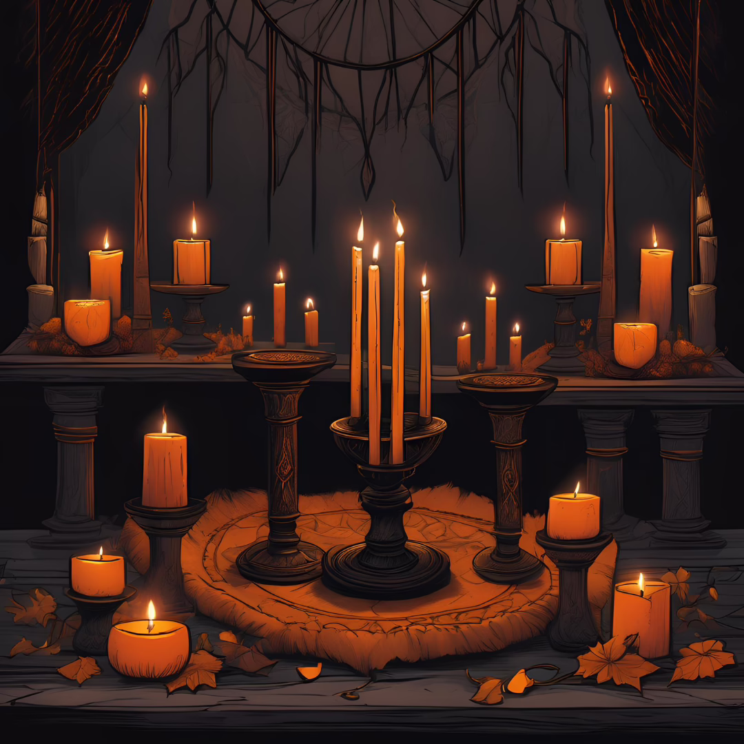 Samhain altar with orange and black candles