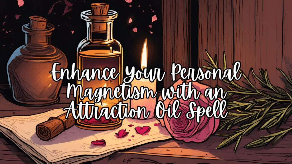 attraction oil spell - A small bottle of attraction oil with rose petals and vanilla beans, glowing in soft candlelight, surrounded by herbs and crystals.