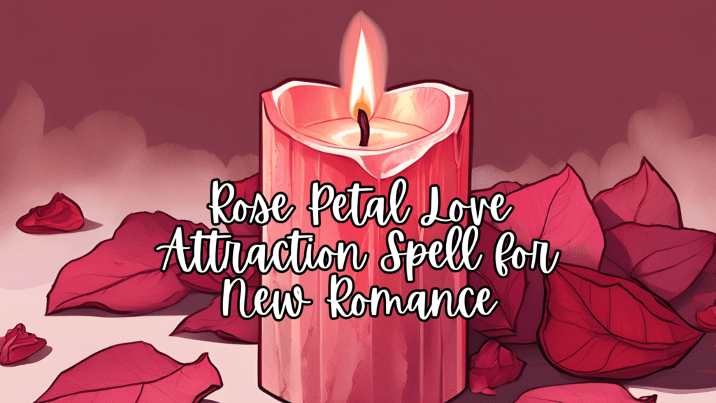 pink candle, rose petals, and rose quartz crystal on soft fabric in natural light—ideal for a spell for new romance