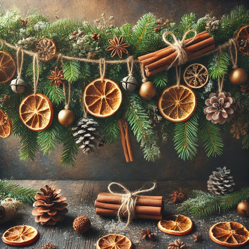 A festive Yule garland hanging on a rustic background, with natural elements like fresh or dried evergreen sprigs, dried orange slices, cinnamon sticks, and small pine cones. The garland is strung together on twine or ribbon, with optional small ornaments or bells added for extra charm. The scene captures warmth and holiday spirit with earthy tones and a cosy, seasonal feel. Perfect for adding a magical, nature-inspired touch to winter decor.