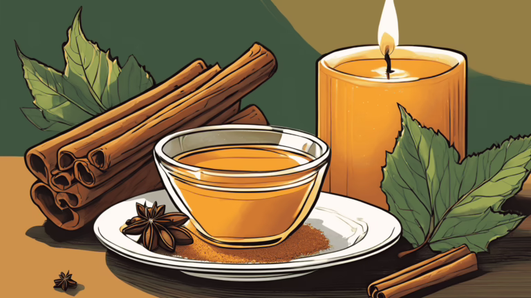 A small dish of honey sprinkled with cinnamon, beside a lit green candle, symbolising a cinnamon spell for money