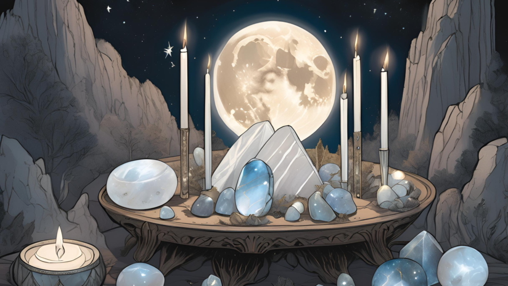 Crystals in Moon Magic: A mystical altar with crystals in moon magic under different lunar phases