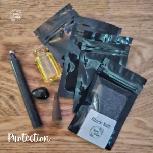 Protection Spell Kit with black candle, sage, rosemary, obsidian crystal, salt and spell scroll for psychic defence.