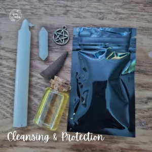 Cleansing & Purification Spell Kit with white candle, salt, selenite, incense and scroll for ritual clearing and renewal.