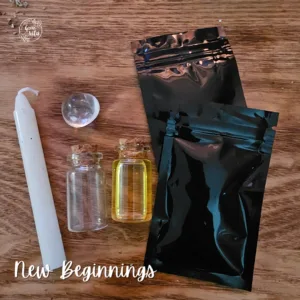New Beginnings Spell Kit with white candle, herbs, quartz crystal, oil and spell scroll for clarity and fresh starts.