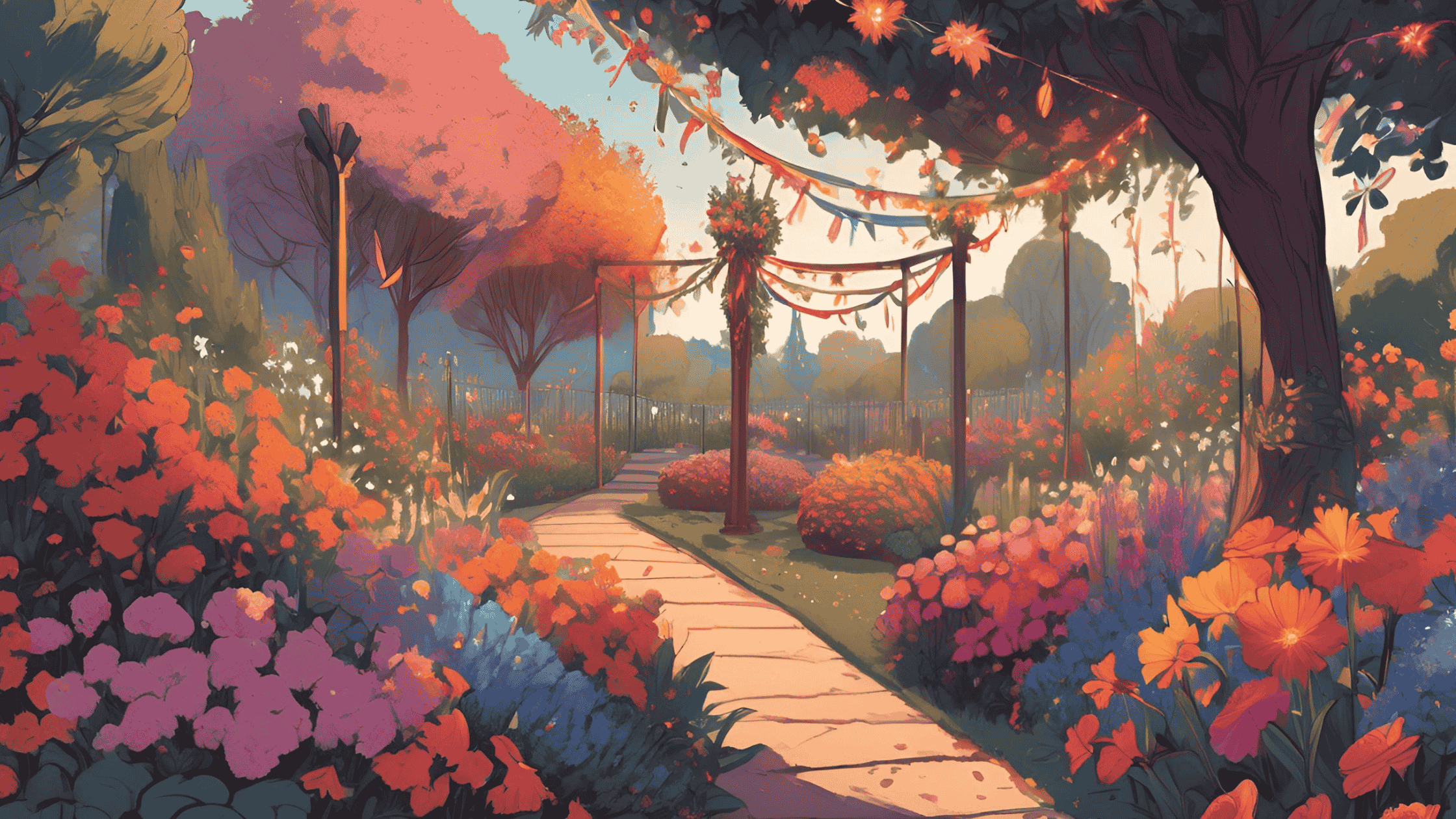 A lush, blooming landscape with Maypole ribbons and bonfire sparks filling the air.