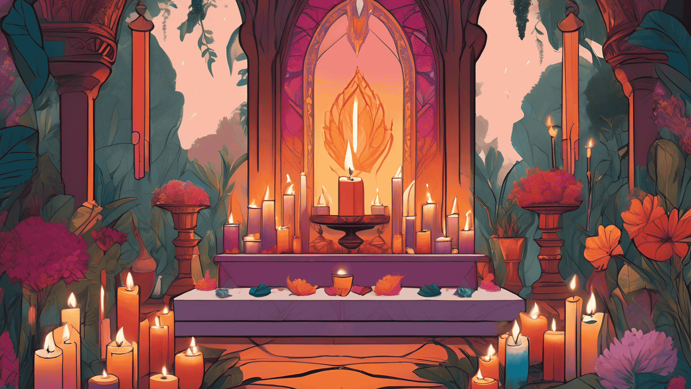 A vibrant altar adorned with candles, flowers, and crystals, celebrating the sacred union and fertility.