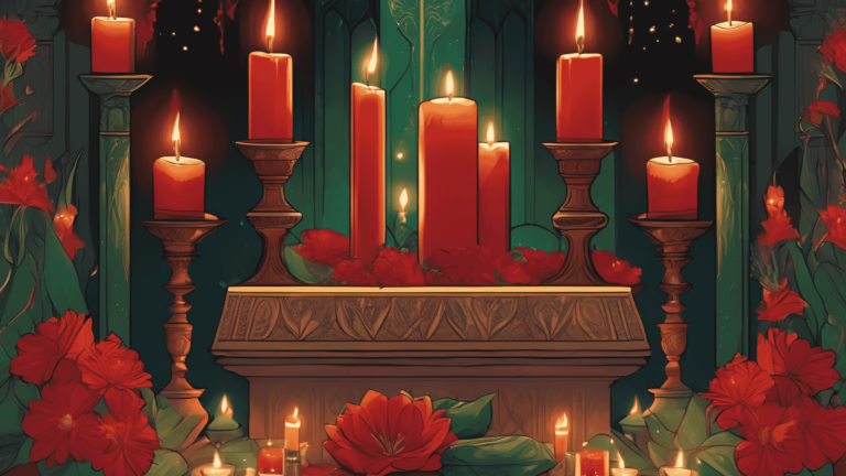 An altar with red and green candles, flowers, and crystals symbolizing fertility and passion.