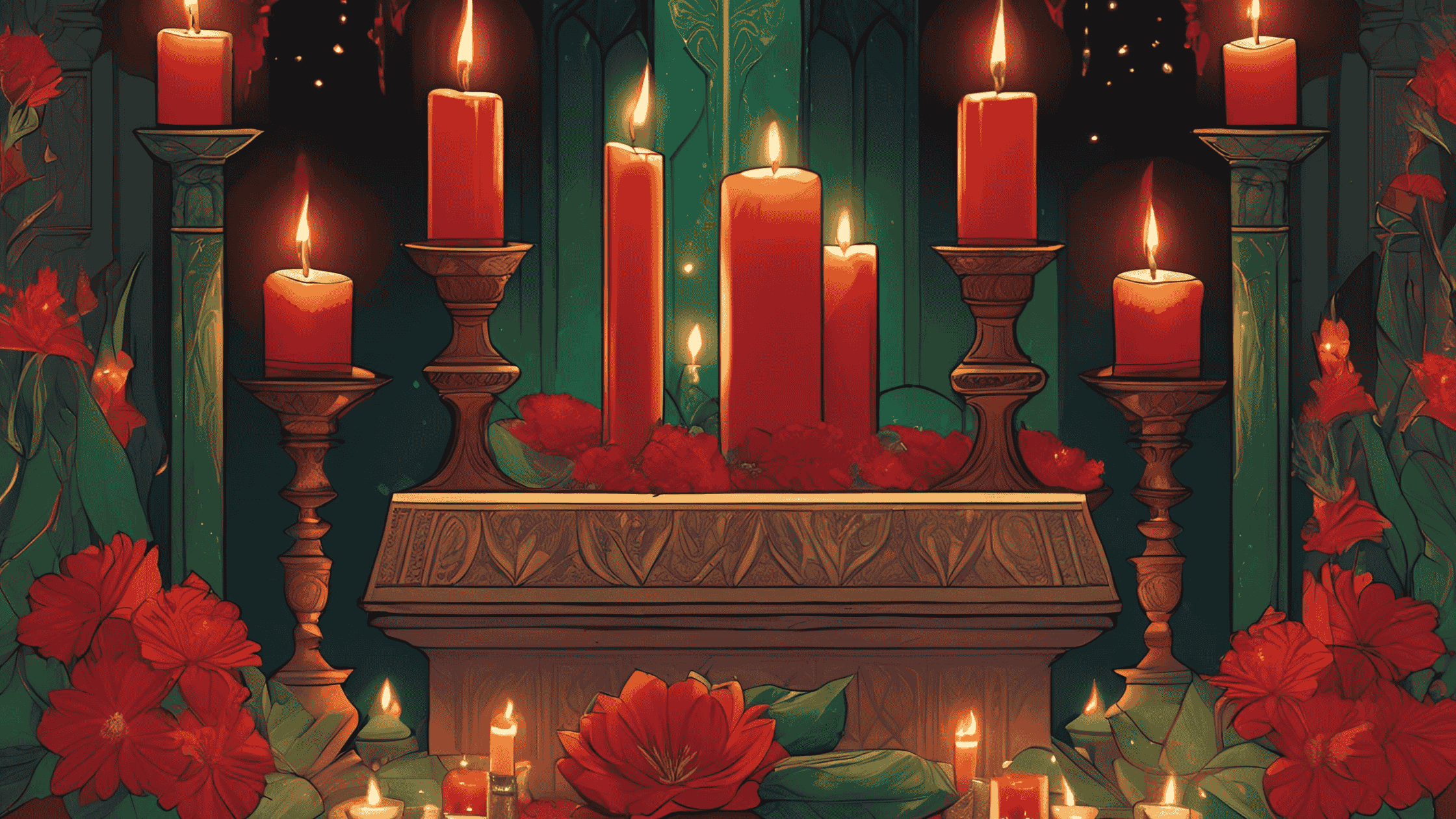 An altar with red and green candles, flowers, and crystals symbolizing fertility and passion.