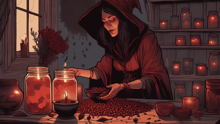 A witch placing hawthorn berries, rose petals, and rosemary into a jar with a red wax seal and candles glowing nearby.