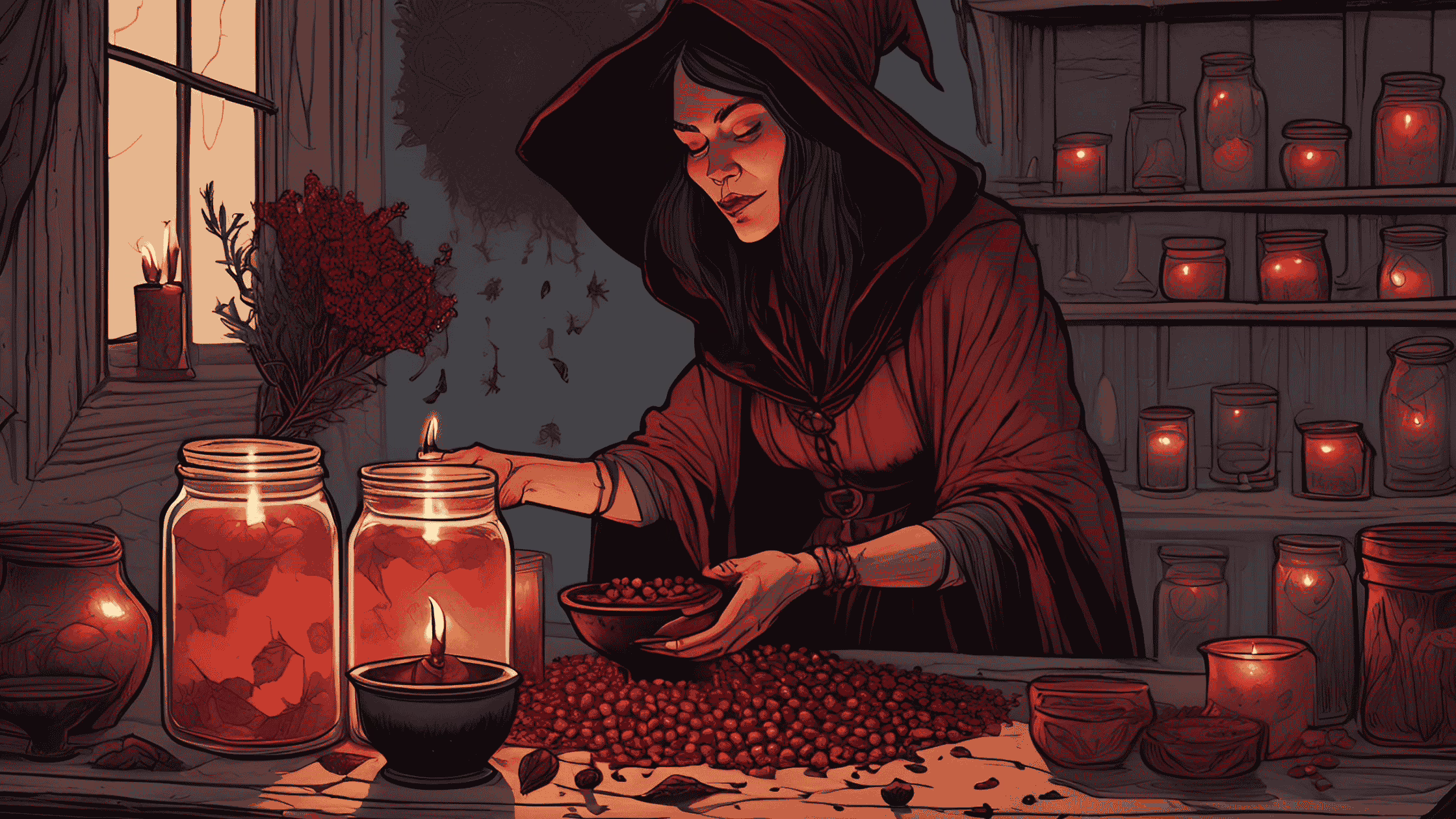 A witch placing hawthorn berries, rose petals, and rosemary into a jar with a red wax seal and candles glowing nearby.