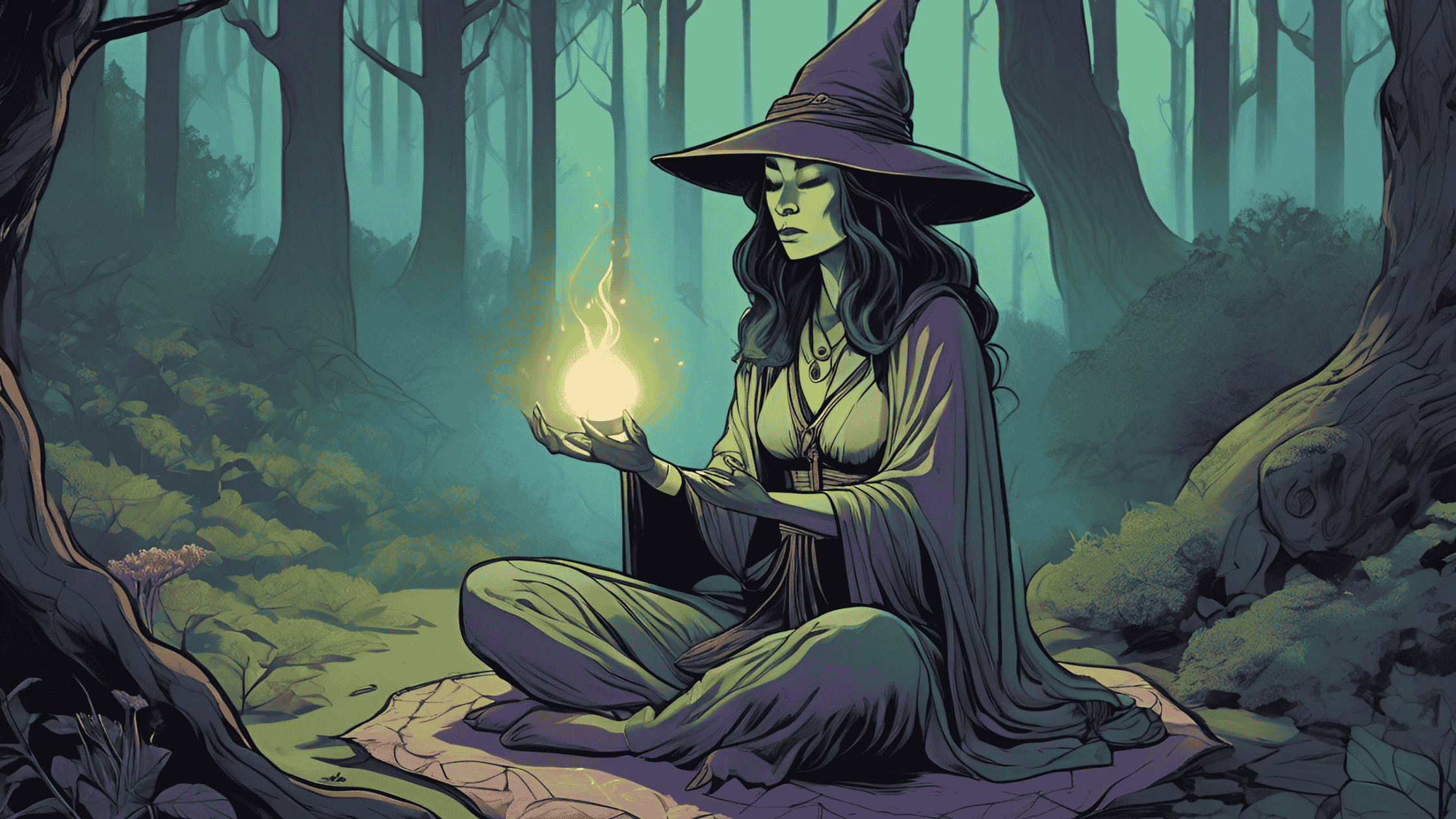 A serene green witch meditates in a moonlit forest, surrounded by glowing light, lavender incense, and calming ritual tools.