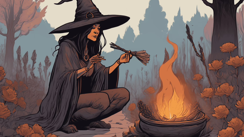 A witch smudging the space with sage, surrounded by flowers, with a bonfire crackling nearby.