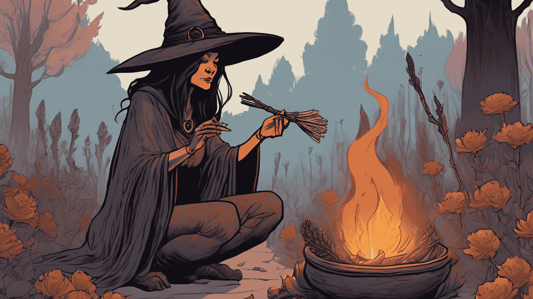 A witch smudging the space with sage, surrounded by flowers, with a bonfire crackling nearby.