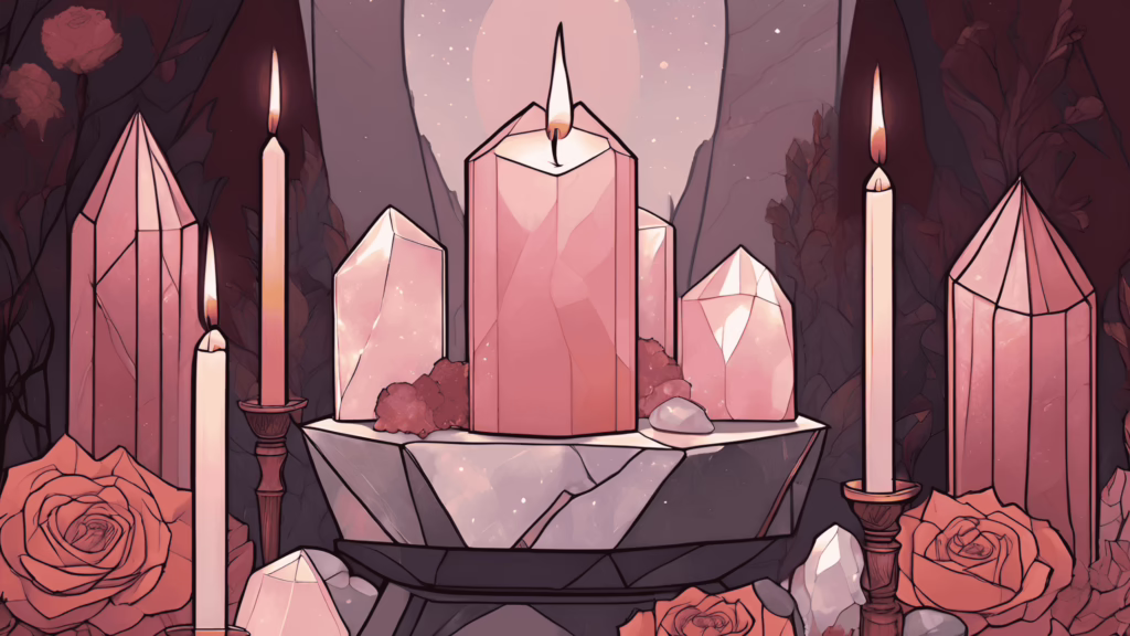 Crystals like rose quartz, garnet, and moonstone on an altar with candles and flowers, symbolizing love and fertility.