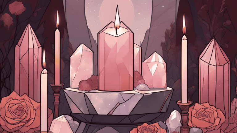 Crystals like rose quartz, garnet, and moonstone on an altar with candles and flowers, symbolizing love and fertility.
