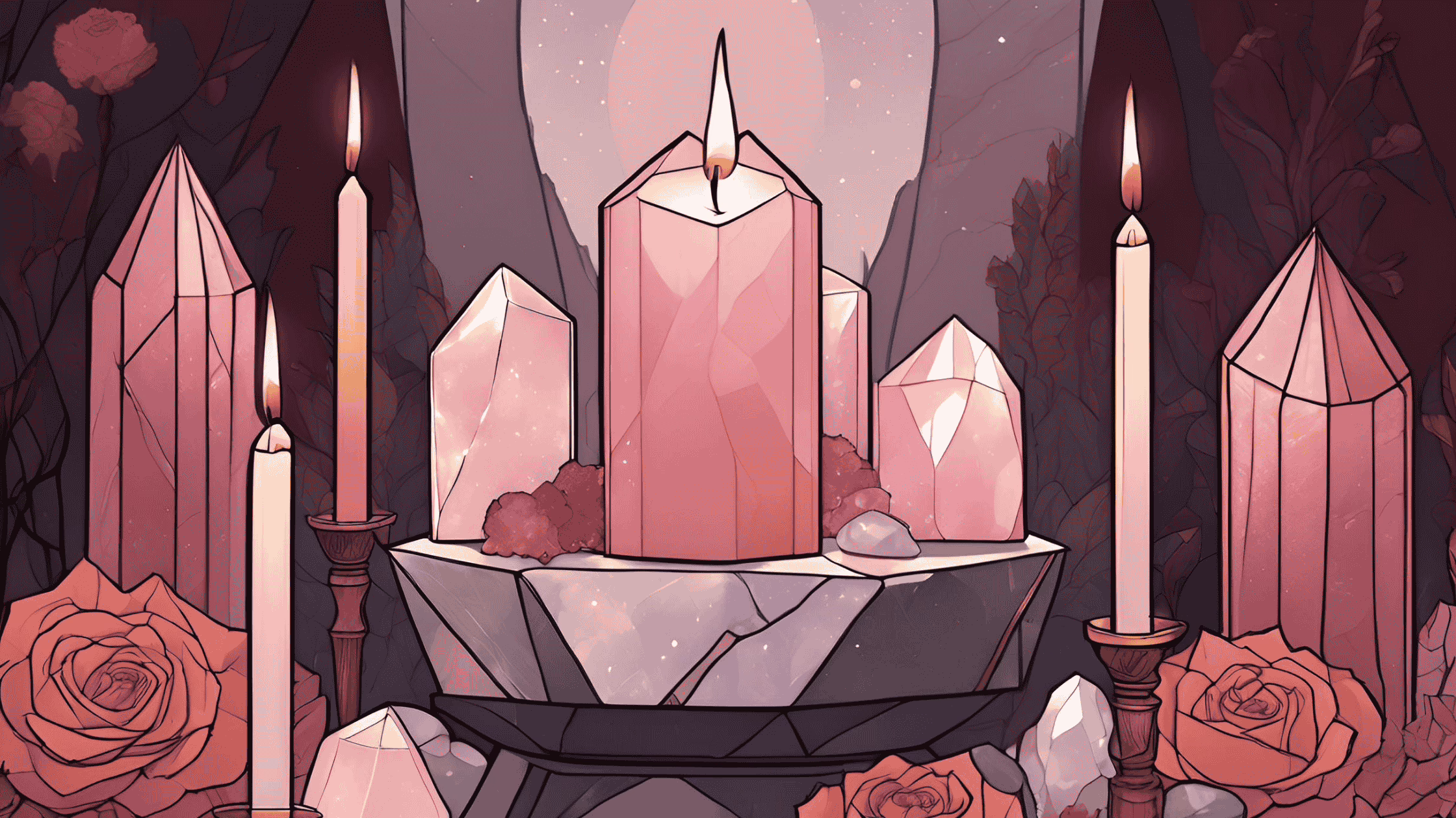 Crystals like rose quartz, garnet, and moonstone on an altar with candles and flowers, symbolizing love and fertility.