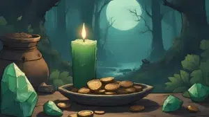 Financial Prosperity Spell. A lit green candle beside a bowl of coins on an altar, with jade and aventurine crystals nearby, glowing softly under moonlight in a calm magical space
