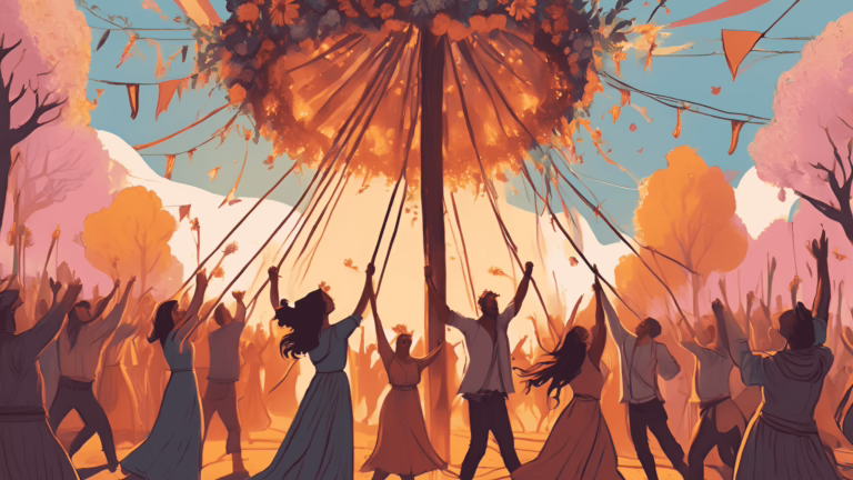 A vibrant Beltane scene with people dancing around a Maypole, bonfires blazing, and flowers in full bloom under a clear, sunny sky.