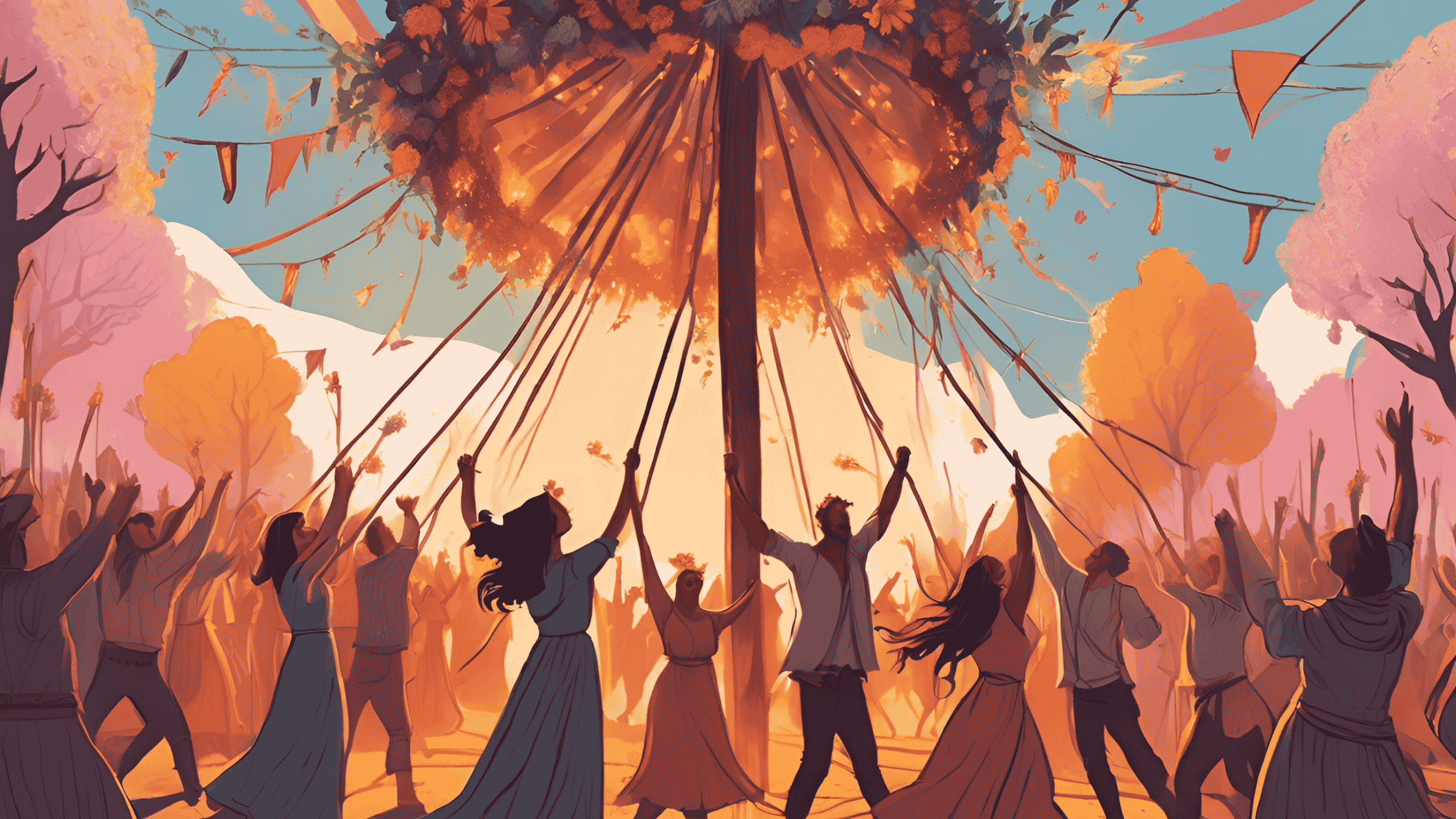 A vibrant Beltane scene with people dancing around a Maypole, bonfires blazing, and flowers in full bloom under a clear, sunny sky.