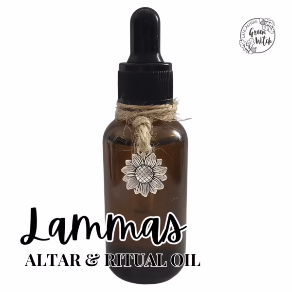 Lammas Altar Oil with sunflower charm, sandalwood, clary sage, and bergamot for Lughnasadh rituals