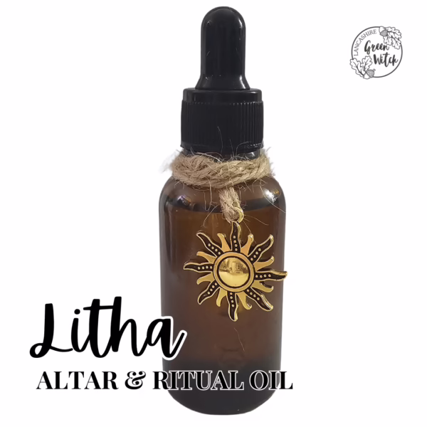 Litha Altar Oil with sun charm, orange, lemongrass, cinnamon, and cedarwood for Summer Solstice rituals