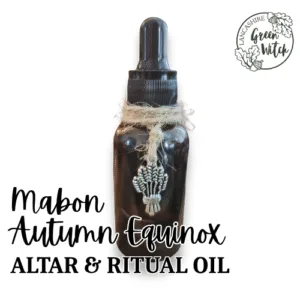 Mabon Altar Oil with clary sage, orange, cinnamon, and harvest charm for Autumn Equinox rituals.