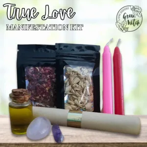 True Love Spell Kit featuring pink and red spell candles, rose petals, jasmine, ritual oil, amethyst crystals, and a scroll, displayed with the Lancashire Green Witch logo.