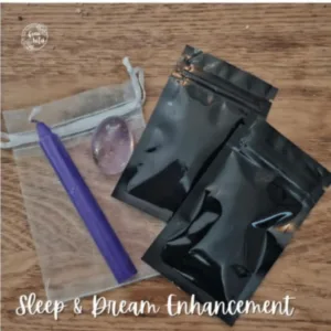 Sleep & Dream Enhancement Spell Kit with blue candle, amethyst, herbs and dream sachet for restful sleep and vivid dreams.