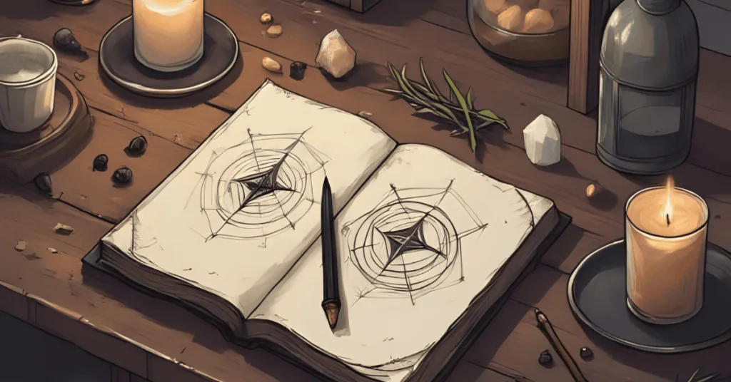 A mystical flat-lay scene of a witch’s altar set for energy work, featuring whole cloves scattered around a glowing candle, an open notebook with aura or chakra symbols sketched in it, dried herbs like rosemary and bay, and a crystal or two (such as black tourmaline or citrine). Soft, warm lighting with gentle shadows, evoking calm, focus, and spiritual clarity. Styled in an earthy, apothecary or cottage witch aesthetic.