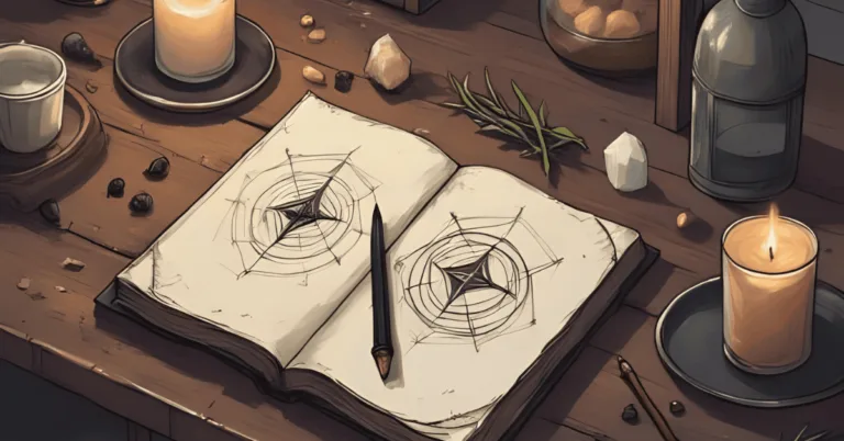 A mystical flat-lay scene of a witch’s altar set for energy work, featuring whole cloves scattered around a glowing candle, an open notebook with aura or chakra symbols sketched in it, dried herbs like rosemary and bay, and a crystal or two (such as black tourmaline or citrine). Soft, warm lighting with gentle shadows, evoking calm, focus, and spiritual clarity. Styled in an earthy, apothecary or cottage witch aesthetic.