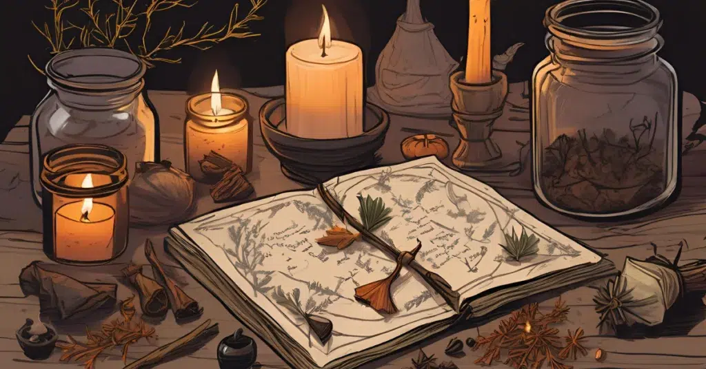 Cloves Spell Work. Whole cloves scattered on spell ingredients with red pouch, green candle, herbs and parchment in soft witchy light.