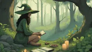A green witch in a forest glade, surrounded by herbs, crystals, candles, and a journal, connecting with nature under dappled sunlight, barefoot and serene.