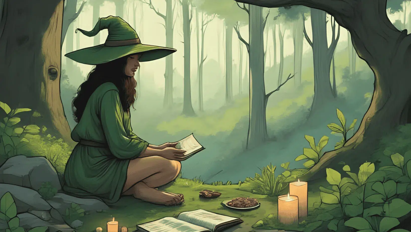 A green witch in a forest glade, surrounded by herbs, crystals, candles, and a journal, connecting with nature under dappled sunlight, barefoot and serene.