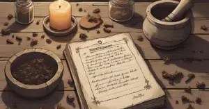 A vintage-style flat-lay image showing dried cloves, an old herbal grimoire or spellbook, a lit beeswax candle, and a rustic mortar and pestle on a wooden table. Include aged paper with handwritten notes about clove magic, small jars of herbs, and symbols for protection or prosperity. Warm, golden lighting with a slightly smoky, mystical atmosphere. Aesthetic: historical cottage witch meets magical apothecary.