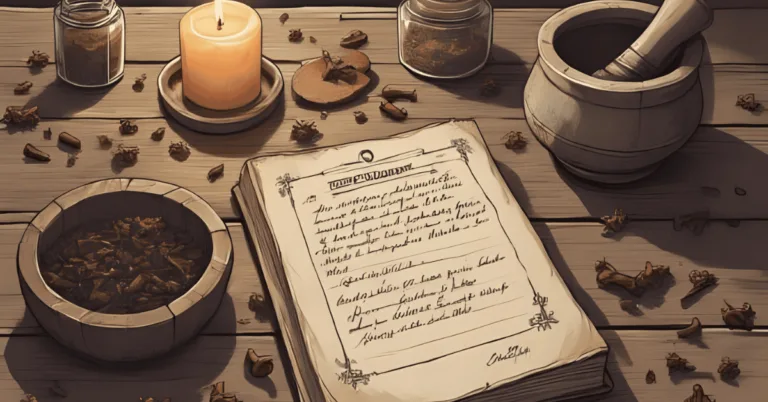A vintage-style flat-lay image showing dried cloves, an old herbal grimoire or spellbook, a lit beeswax candle, and a rustic mortar and pestle on a wooden table. Include aged paper with handwritten notes about clove magic, small jars of herbs, and symbols for protection or prosperity. Warm, golden lighting with a slightly smoky, mystical atmosphere. Aesthetic: historical cottage witch meets magical apothecary.