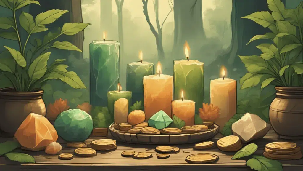 An altar with green and gold candles, coins, citrine and jade crystals, and bay leaves glowing with golden light on a wooden table in natural sunlight