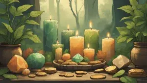 An altar with green and gold candles, coins, citrine and jade crystals, and bay leaves glowing with golden light on a wooden table in natural sunlight
