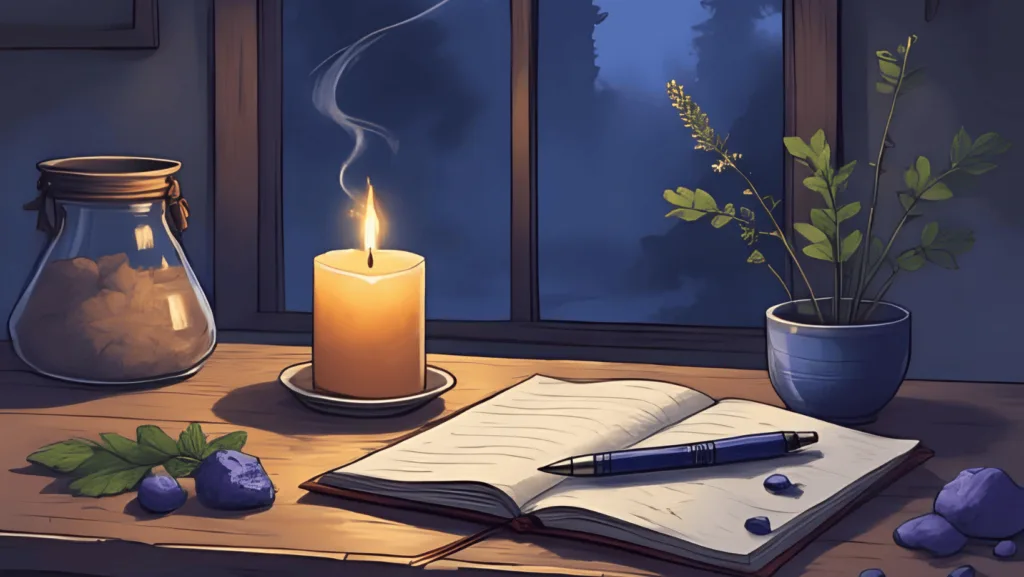Career Clarity Spell: A yellow candle burning beside a notebook, pen, and lapis lazuli on a calm altar space, with lavender incense curling in soft, focused light