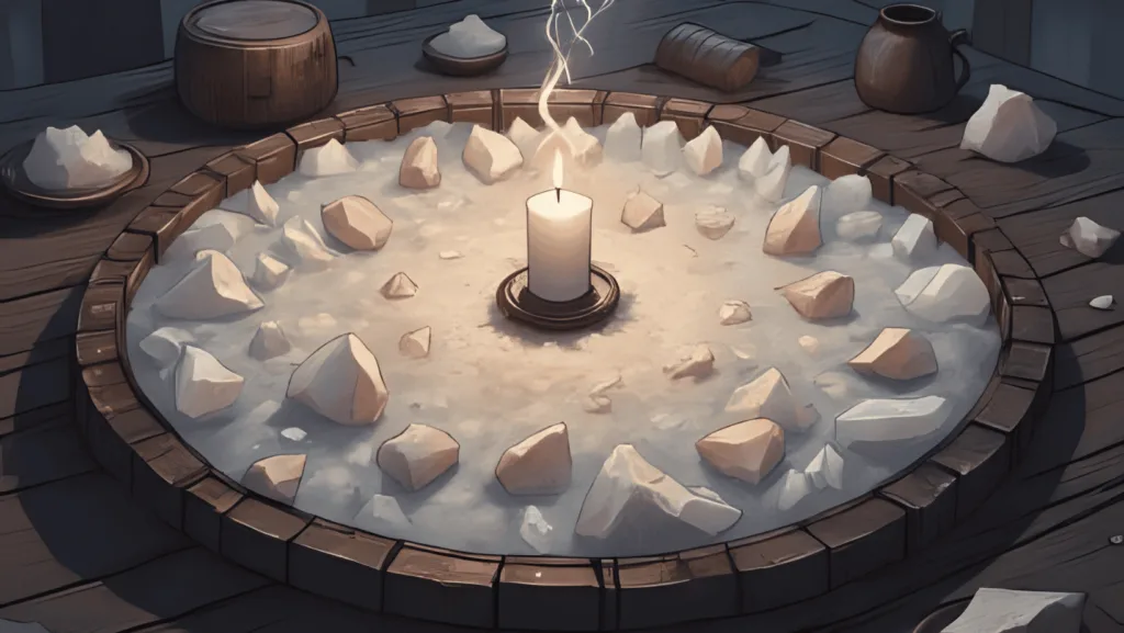 Overhead view of a salt circle with a white candle and incense burning inside, for a Circle of Protection Spell