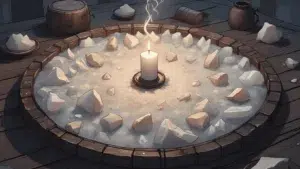 Overhead view of a salt circle with a white candle and incense burning inside, for a Circle of Protection Spell