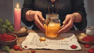Honey Remedy for Love Marriage Magic: Witch’s hands preparing a honey jar spell with herbs, pink candle, rose petals and handwritten paper, set on a rustic wooden altar with soft golden light