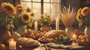 Lammas altar ideas - Lammas altar with bread, wheat, sunflowers, and candles celebrating the first harvest sabbat