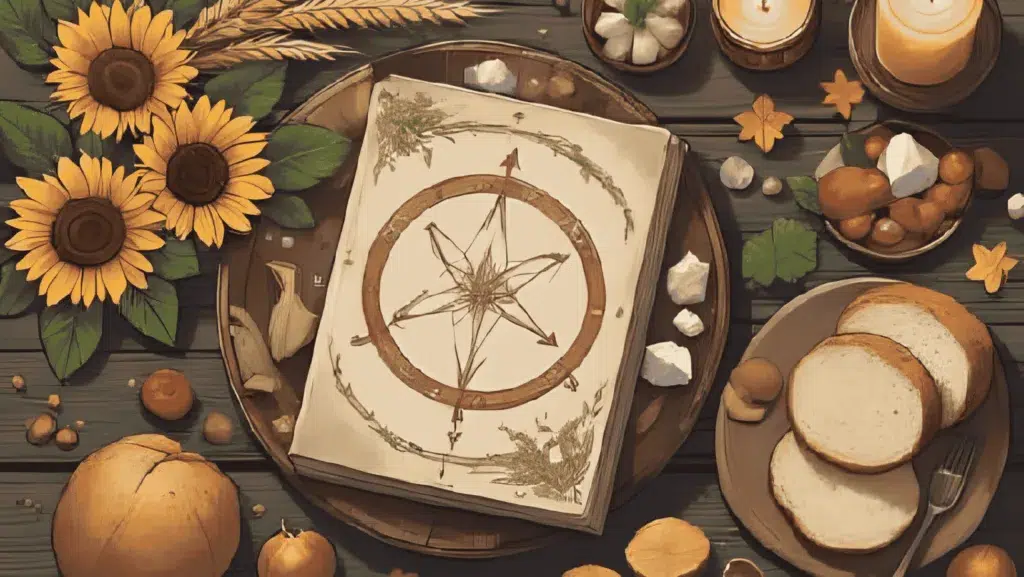 Lammas correspondences - Flat lay of Lammas altar items including sunflowers, wheat, crystals, herbs, bread, and candles in a warm harvest colour palette