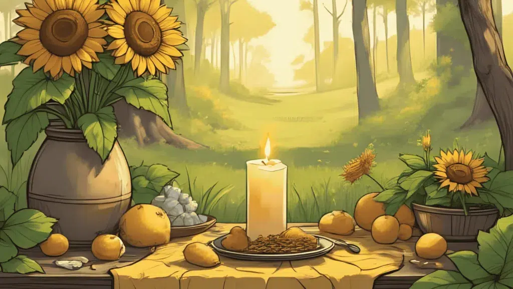 Outdoor Litha altar with yellow cloth, sunflowers, herbs, candle, and crystals in a sunny meadow. Warm, natural, midsummer ritual vibe.
