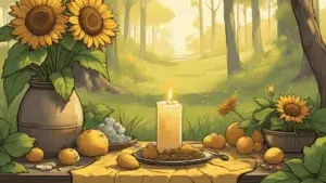 Outdoor Litha altar with yellow cloth, sunflowers, herbs, candle, and crystals in a sunny meadow. Warm, natural, midsummer ritual vibe.