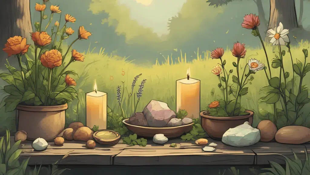 Sunlit midsummer litha altar with yellow candle, herbs, crystals, and wildflowers on a wooden table in a meadow. Natural, witchy, summer solstice vibe.