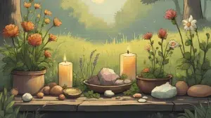 Sunlit midsummer litha altar with yellow candle, herbs, crystals, and wildflowers on a wooden table in a meadow. Natural, witchy, summer solstice vibe.